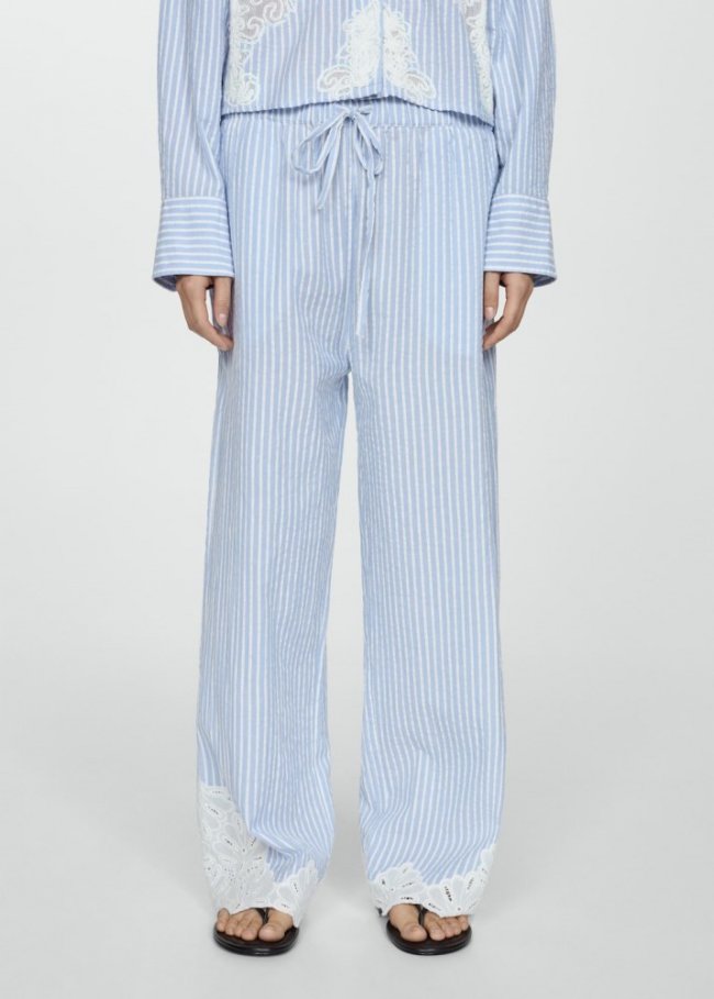 Mango Pantalón rayas bordado - Azul celeste