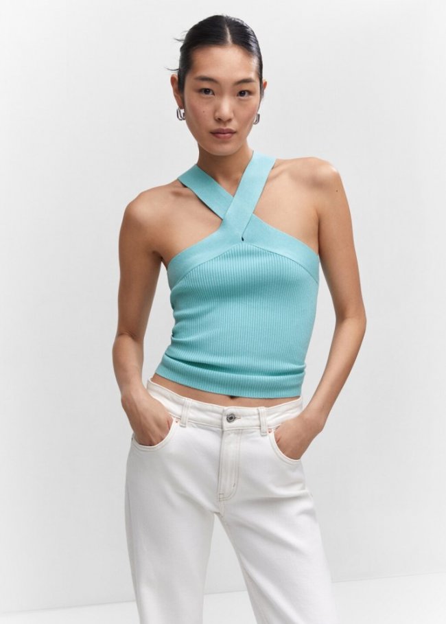 Mango Top punto cuello halter - Turquesa