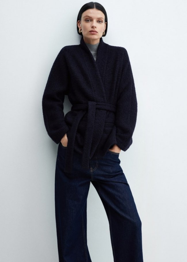 Mango Chaqueta lana cinturón - Azul marino