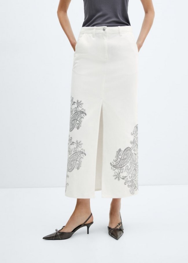 Mango Falda vaquera estampado paisley - Blanco roto