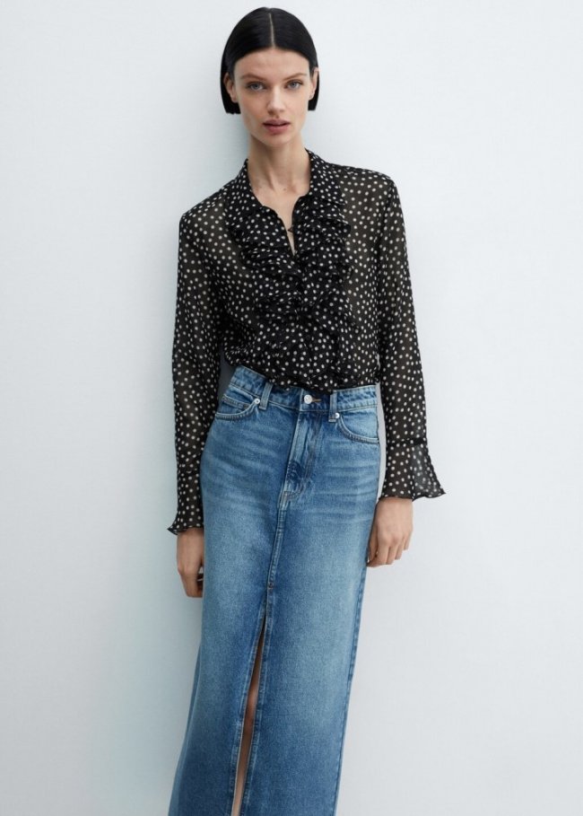 Mango Blusa estampada volantes - Negro