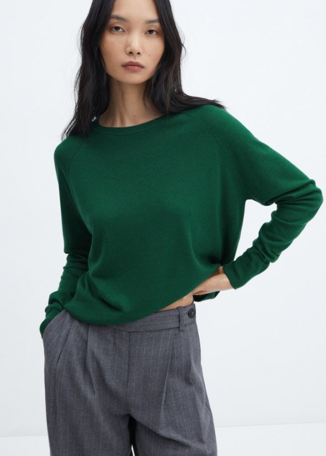 Mango Jersey punto fino cuello redondo - Verde oscuro