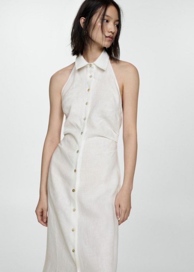 Mango Vestido lino cuello camisero - Blanco roto