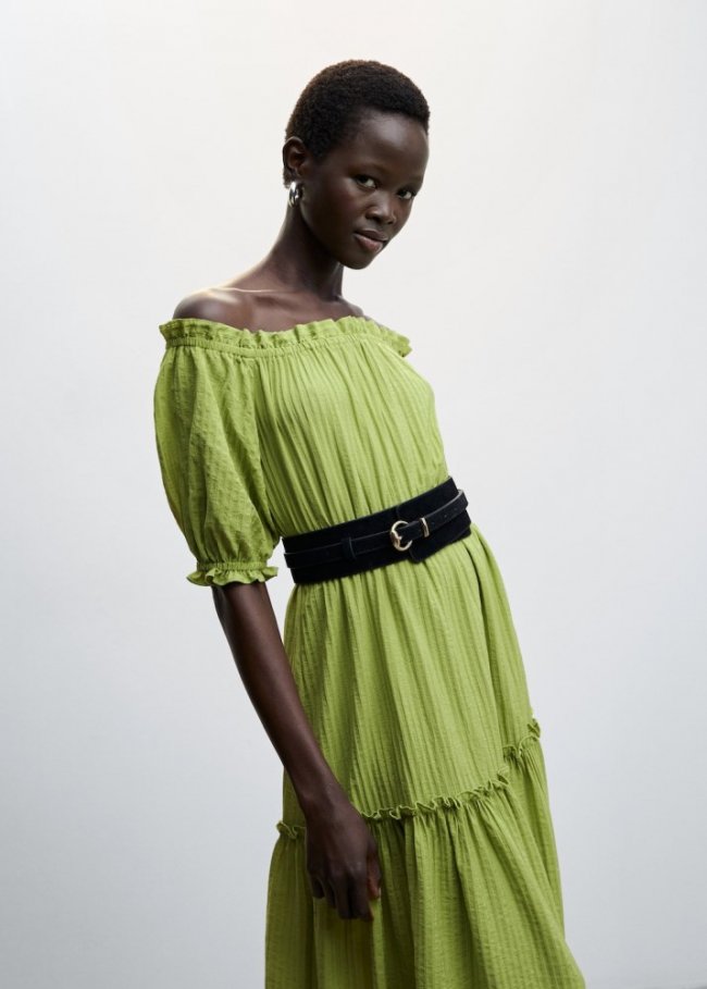 Mango Vestido textura mangas abullonadas - Verde