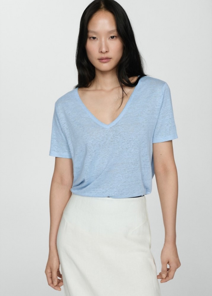 Mango Camiseta lino manga corta - Azul celeste