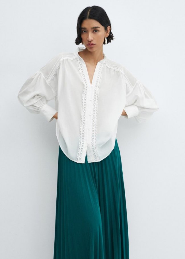 Mango Camisa algodón detalles calados - Blanco