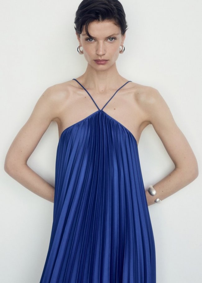 Mango Vestido plisado cuello halter - Azul