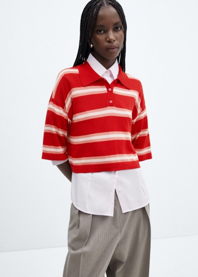 Mango Jersey crop oversize rayas - Rojo