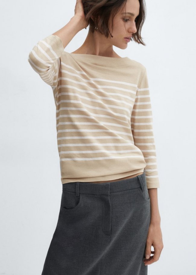 Mango Camiseta rayas cuello barco - Arena