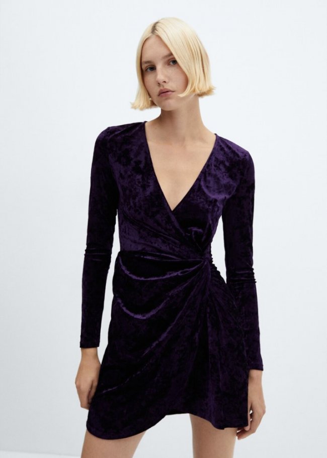 Mango Vestido cruzado terciopelo - Morado