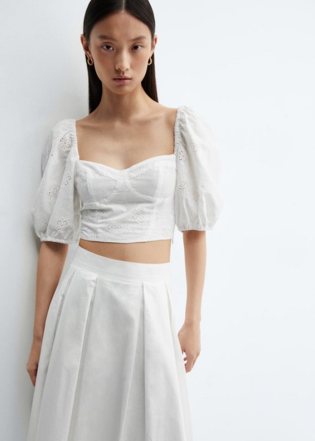 Mango Blusa crop manga abullonada - Blanco