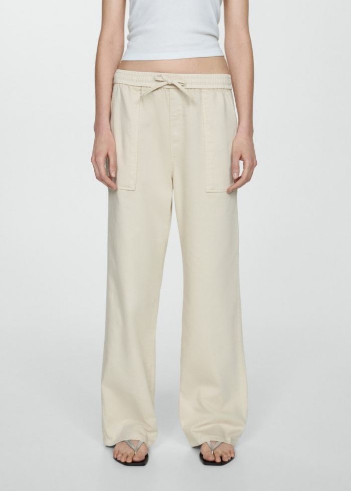 Mango Pantalón algodón cintura elástica - Blanco roto