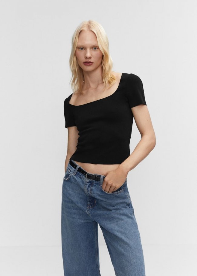 Mango Camiseta escote cuadrado - Negro