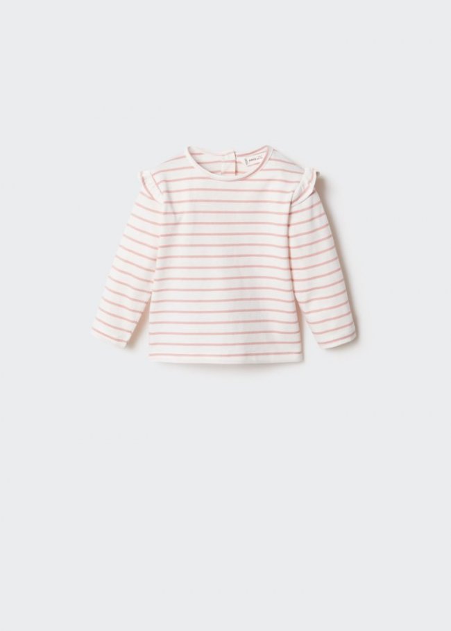 Mango Camiseta rayas volantes - Rosa claro