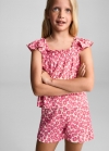 Mango Camiseta fruncido flores - Fucsia