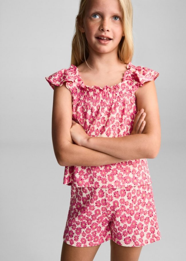 Mango Camiseta fruncido flores - Fucsia