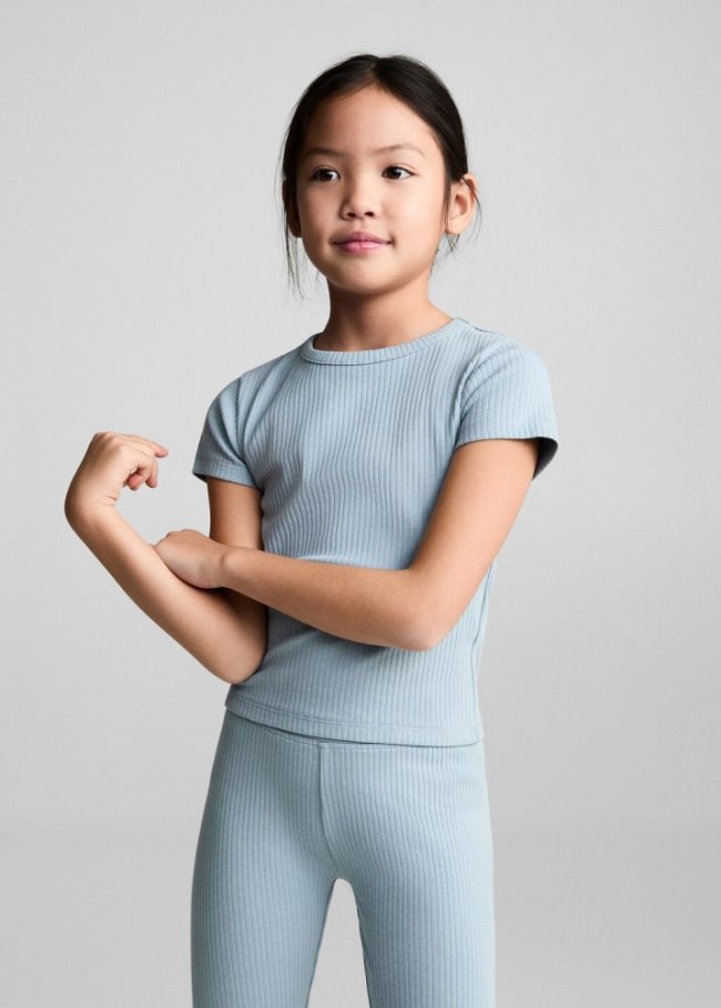Mango Camiseta algodón canalé - Azul celeste