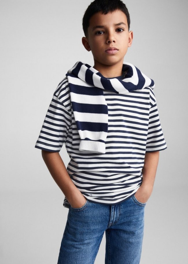 Mango Camiseta algodón rayas - Azul marino oscuro