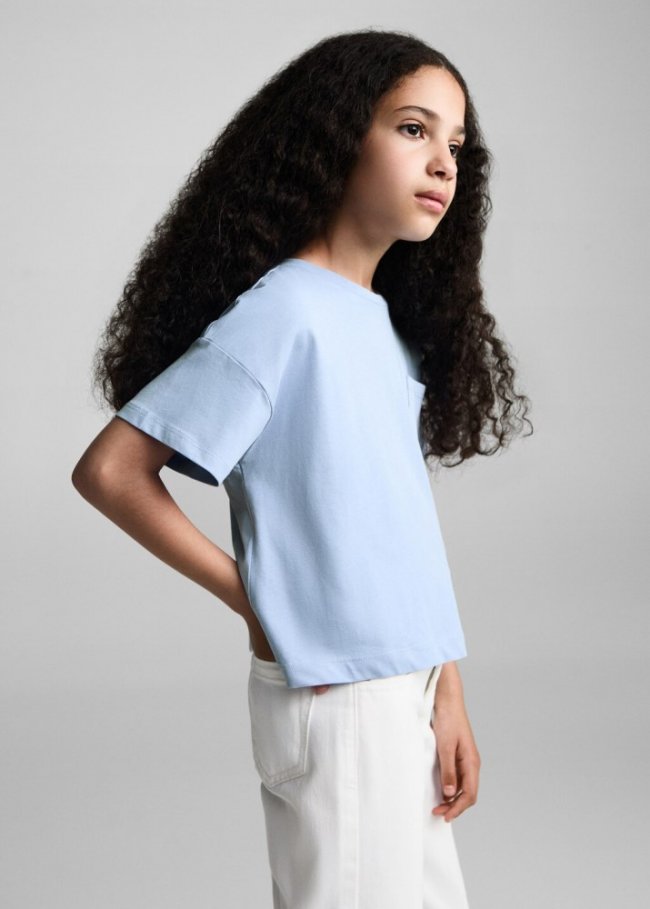 Mango Camiseta algodón bolsillo - Azul celeste