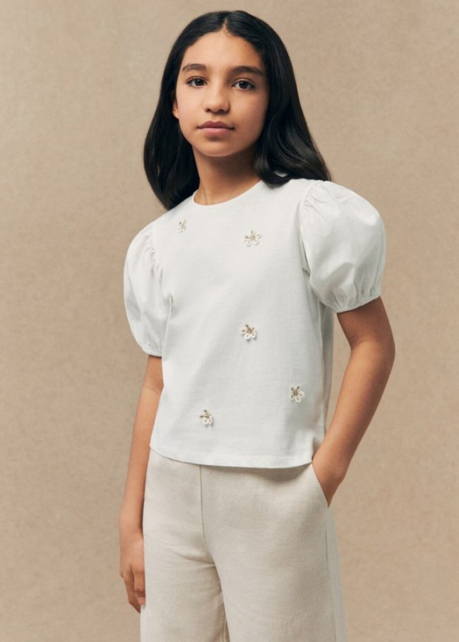 Mango Camiseta manga abullonada - Blanco roto