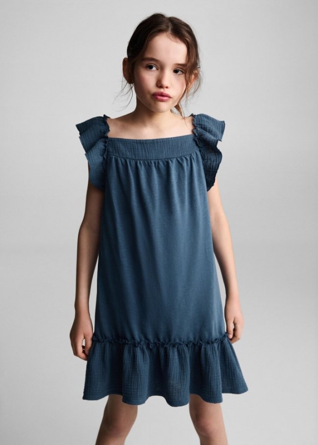 Mango Vestido algodón volantes - Azul marino oscuro