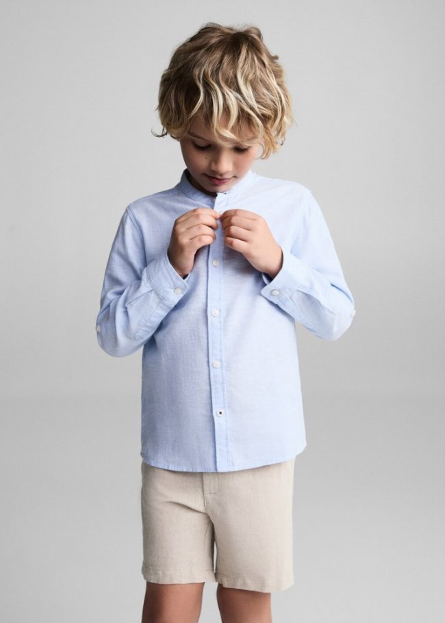 Mango Camisa regular fit lino cuello mao - Azul celeste