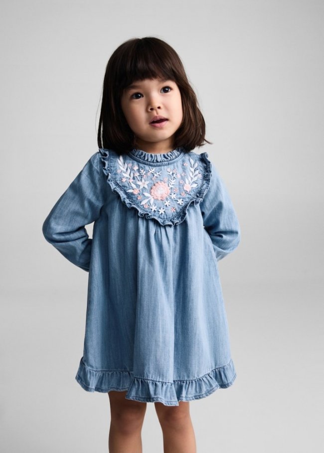 Mango Vestido bordado flores - Azul medio