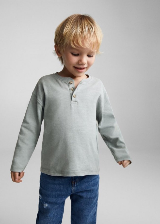 Mango Camiseta algodón manga larga - Verde agua