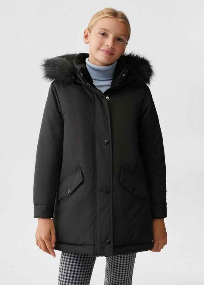 Mango Anorak impermeable capucha pelo - Negro