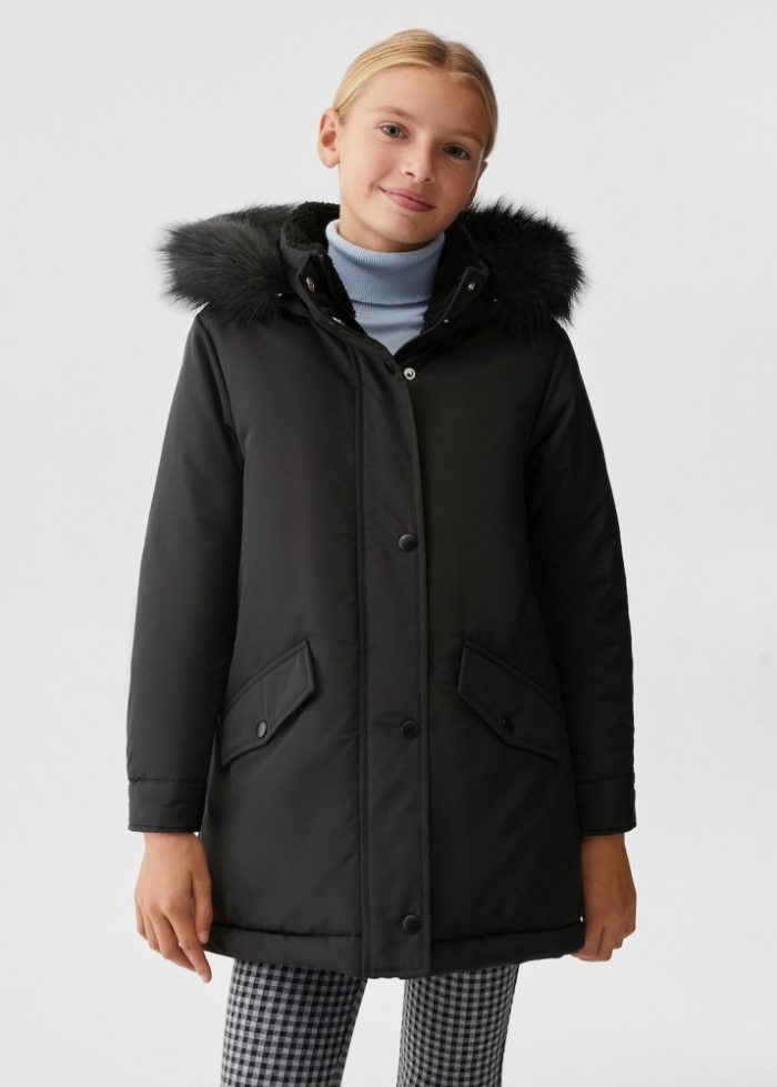 Mango Anorak impermeable capucha pelo - Negro