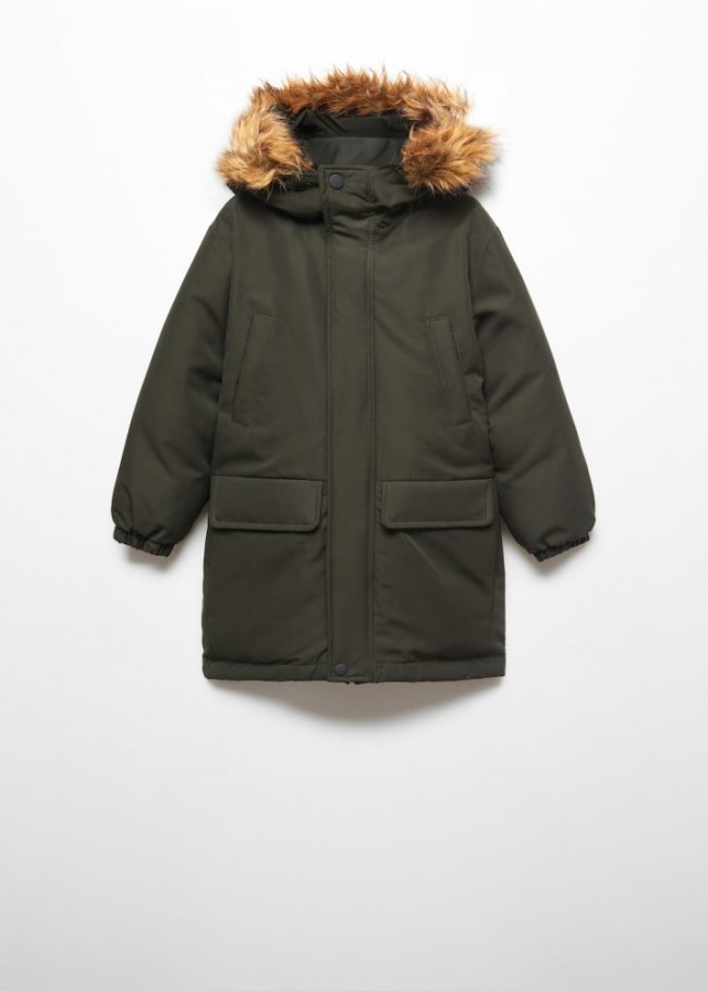Mango Anorak largo capucha pelo - Khaki