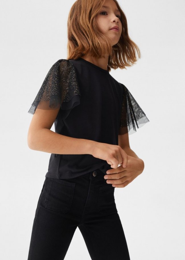 Mango Camiseta manga corta tul - Negro
