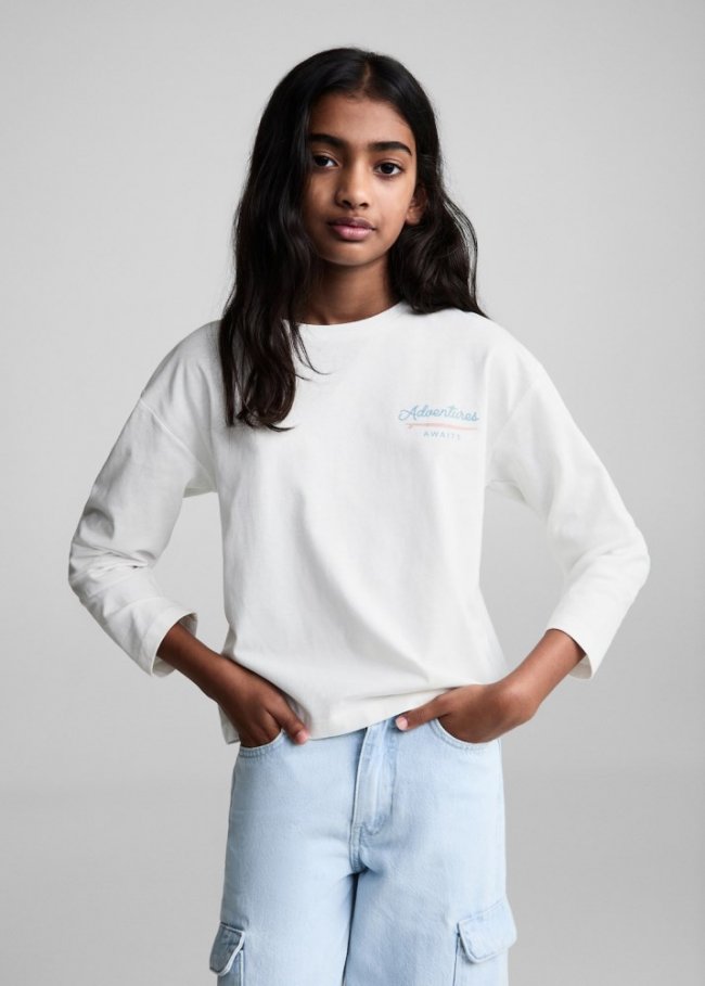 Mango Camiseta algodón detalle bordado - Blanco roto