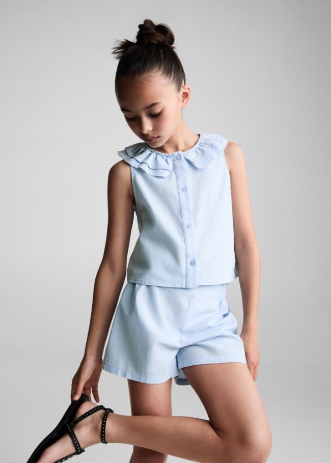 Mango Blusa lino botones - Azul celeste