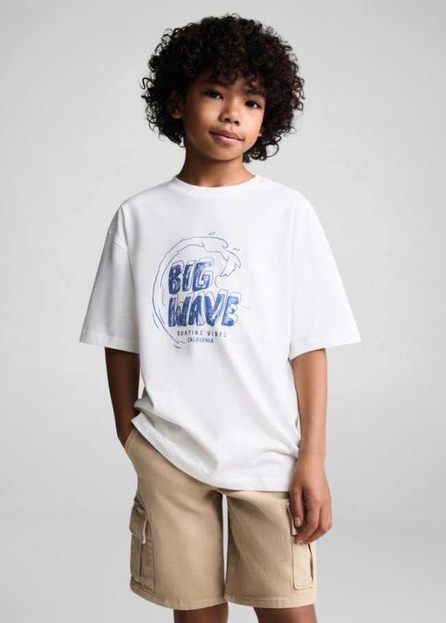 Mango Camiseta algodón mensaje estampado - Blanco roto
