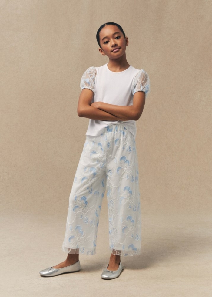 Mango Pantalón tul bordado - Blanco roto