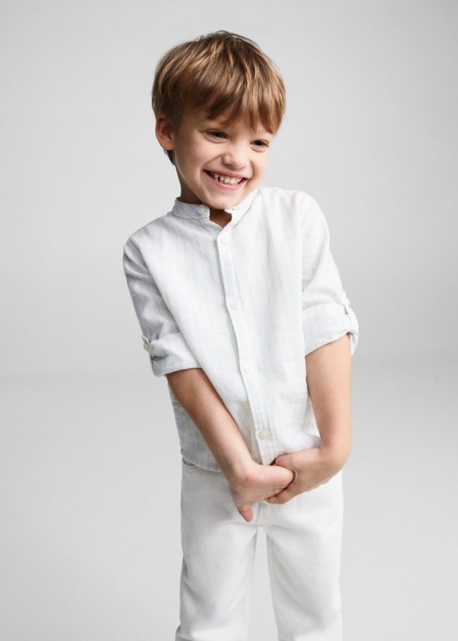 Mango Camisa lino cuello mao rayas - Verde agua