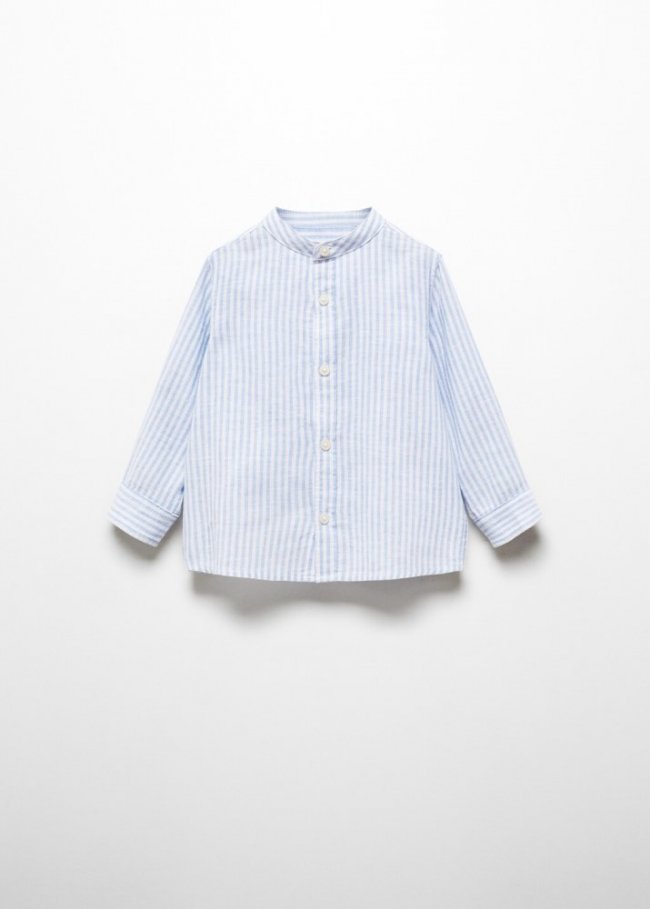 Mango Camisa lino cuello mao rayas - Azul celeste