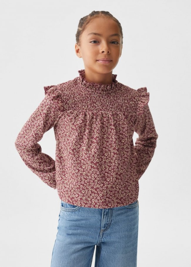 Mango Camiseta volante estampado floral - Granate