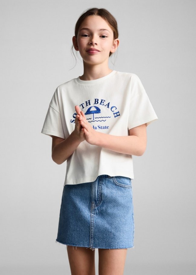 Mango Camiseta mensaje bordado - Blanco roto