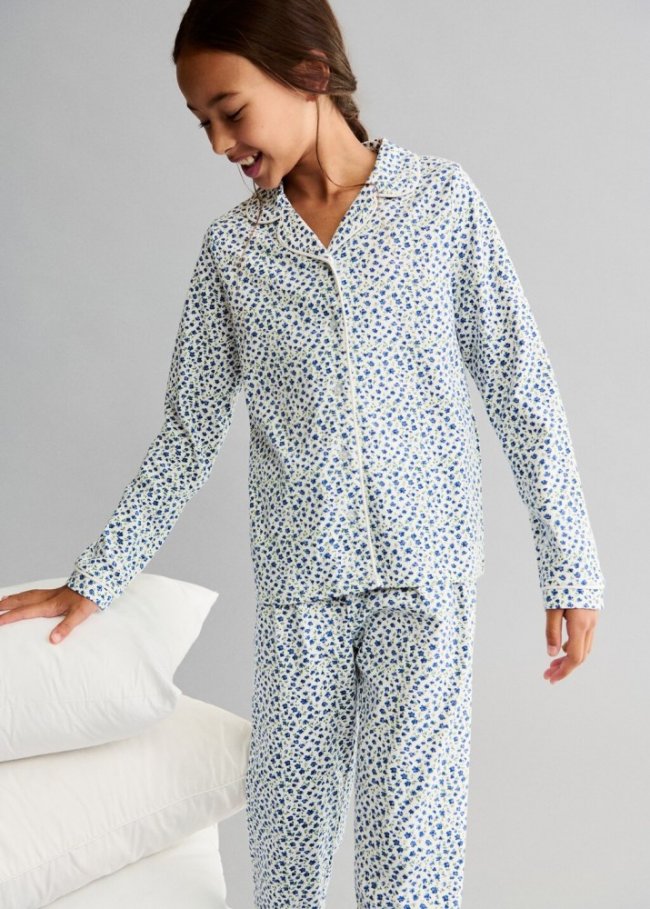 Mango Pijama flores algodón - Azul celeste