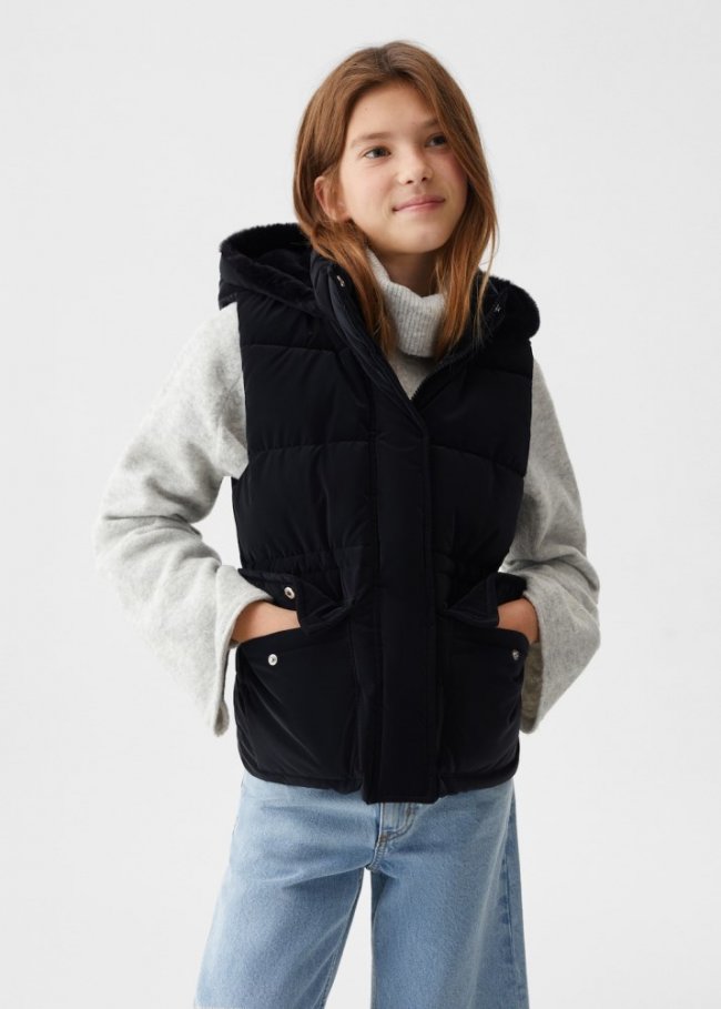 Mango Chaleco acolchado capucha pelo - Negro