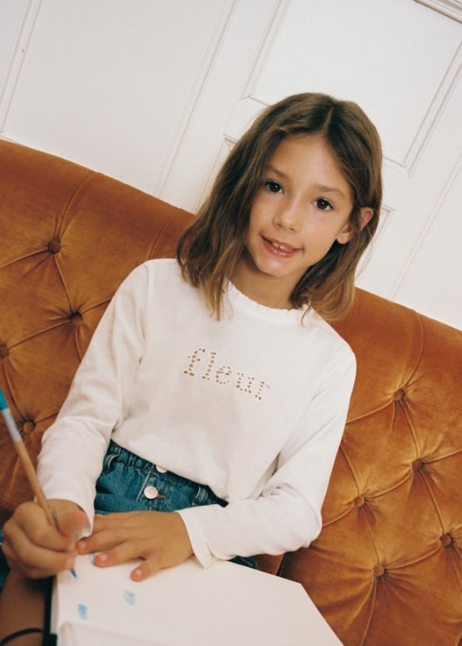Mango Camiseta estampada detalle bordado - Blanco roto