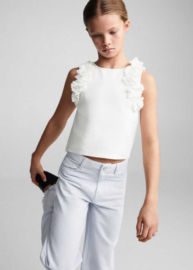 Mango Camiseta flores relieve - Blanco roto
