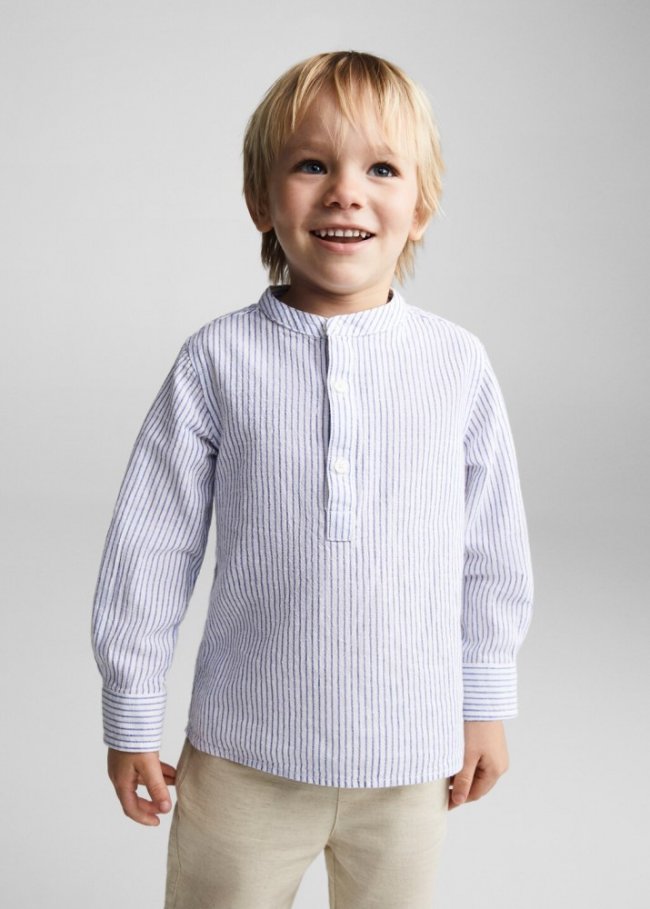 Mango Camisa lino cuello mao rayas - Azul eléctrico