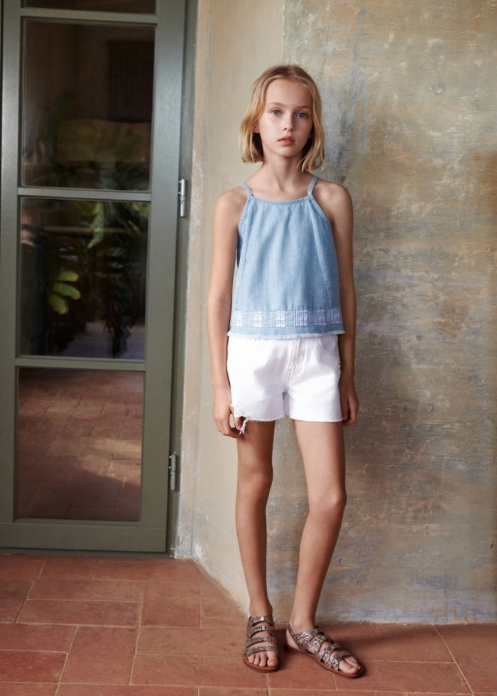 Mango Top bordado flecos - Azul medio