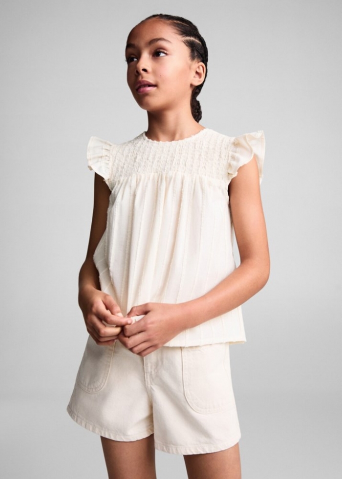 Mango Blusa fruncida volantes - Crudo