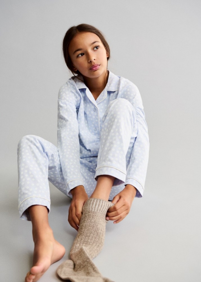 Mango Pijama flores algodón - Azul celeste