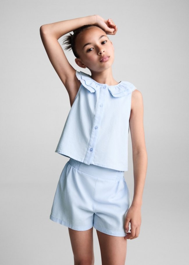 Mango Short lino cintura elástica - Azul celeste