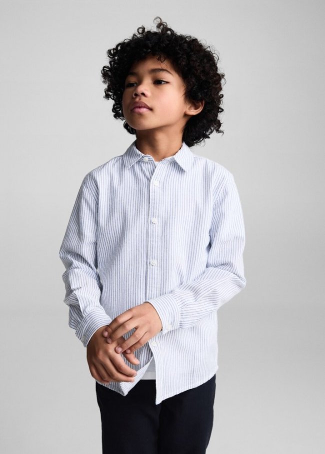 Mango Camisa lino rayas - Azul eléctrico